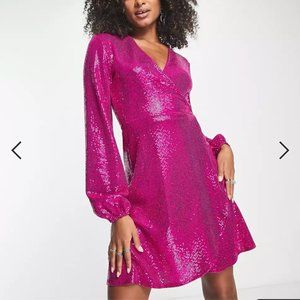 Flounce London Tall wrap front mini dress with balloon sleeve - fuchsia metallic